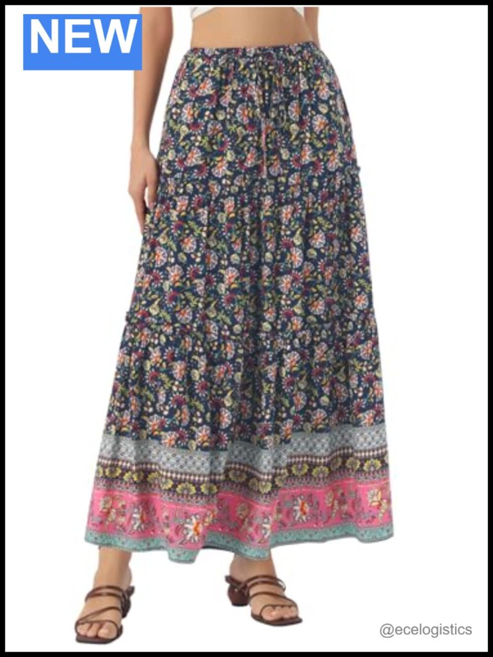 Boho Floral Ruffle Tiered Maxi Skirt with Pockets